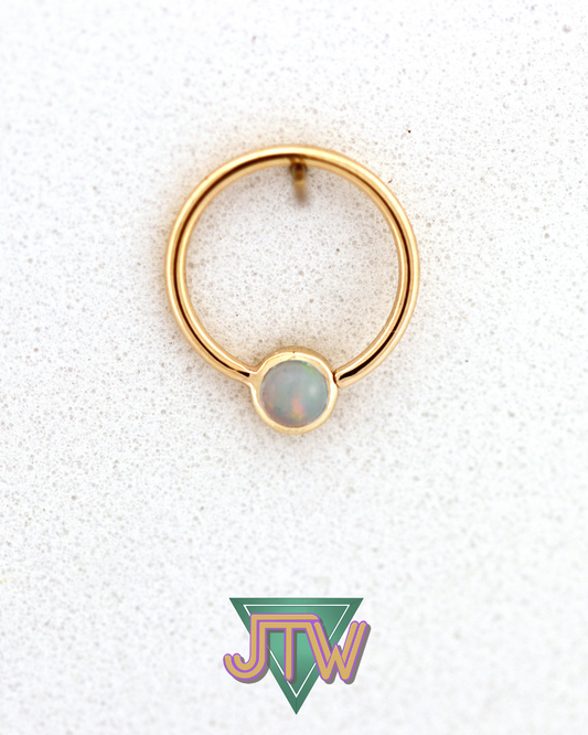 One-Off Fixed Gem Ring with Genuine White Opal Bezel